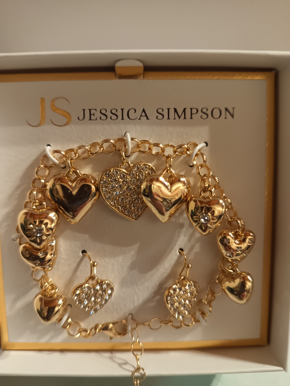 Jessica Simpson Gold Heart Charm Bracelet and Crystal Heart Drop Earrings Set